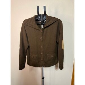 Tiara International Brown Cardigan Sweater XL Elbow Patches Sailor Collar Knit